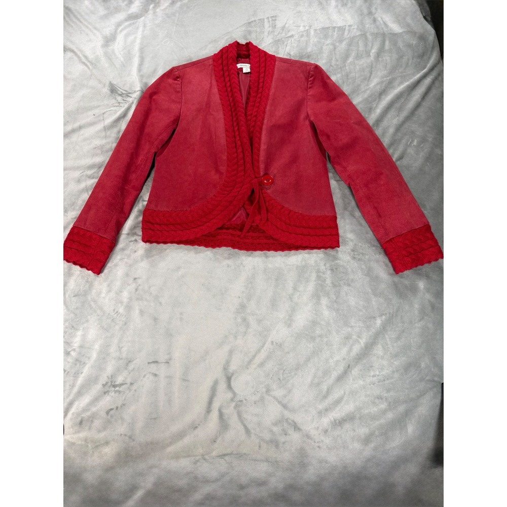 Coldwater Creek Red Leather Jacket Cropped Button Loop Closure Crotchet Sz XS